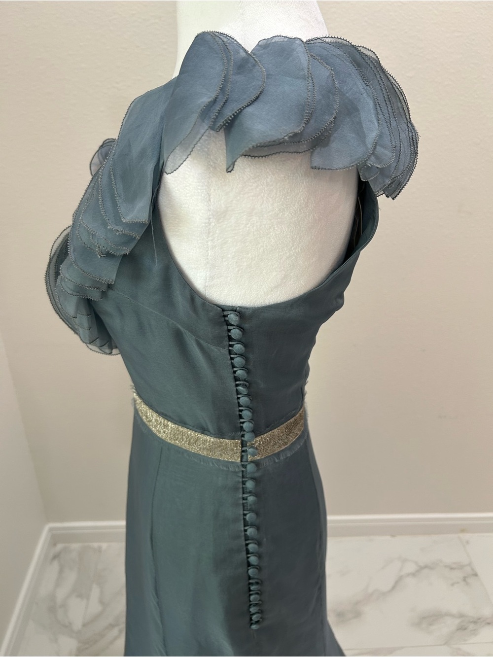 Lela Rose Slate Blue Evening Gown with Ruffled V-Neck, 100% Silk Organza Dress - Picture 7 of 15